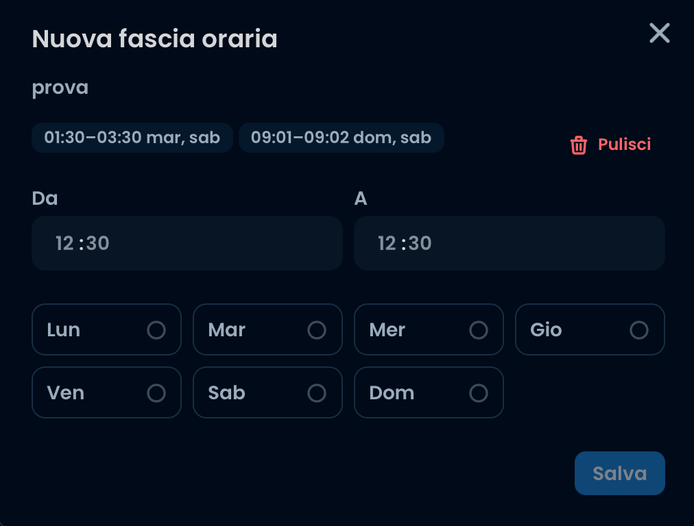 Anteprima delle fasce orarie di un profilo di accesso